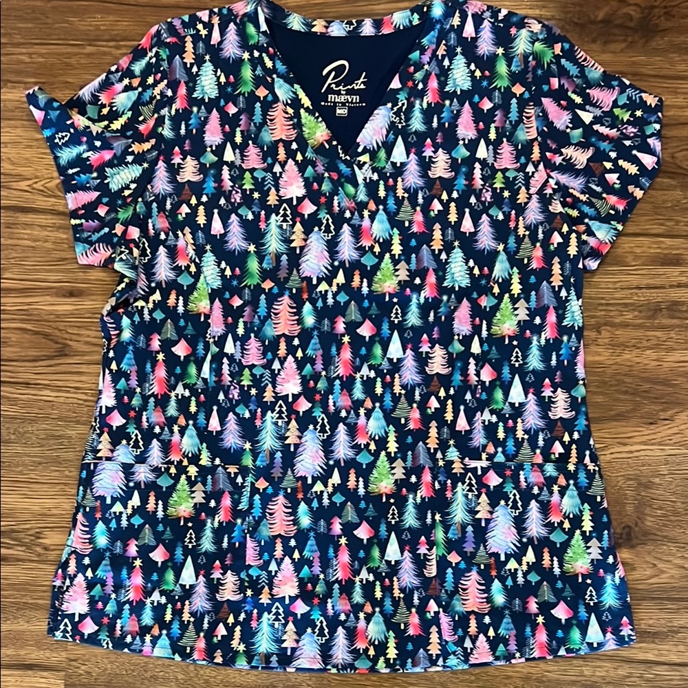 Colorful Tree Print Scrub Top